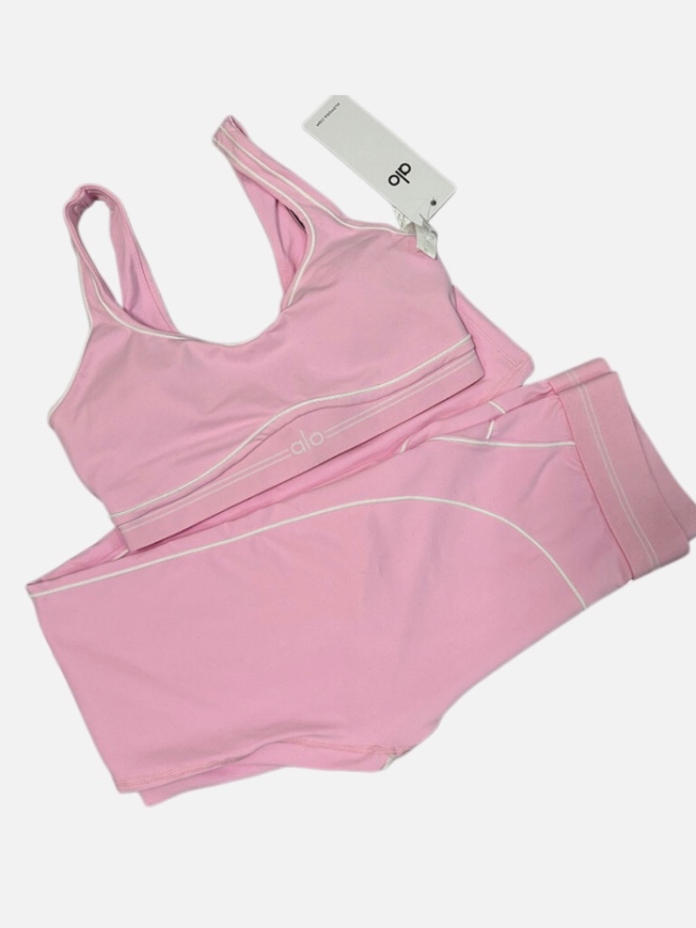 Alo pink airbrush heart throb sports bra and leggings set